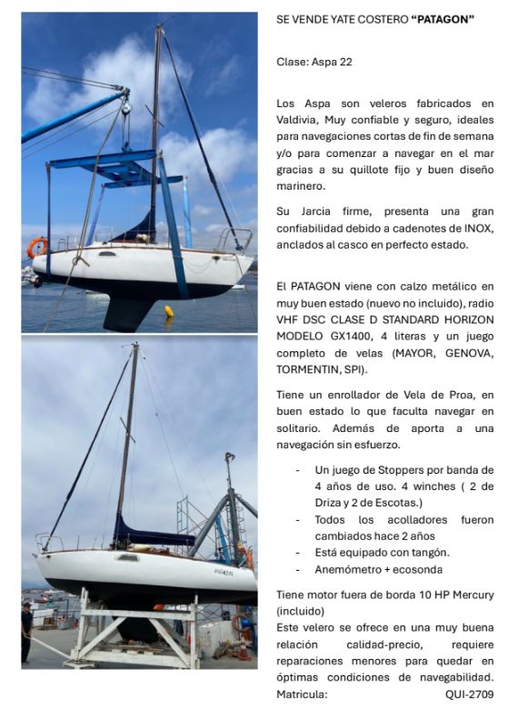 SE VENDE YATE COSTERO “PATAGON”